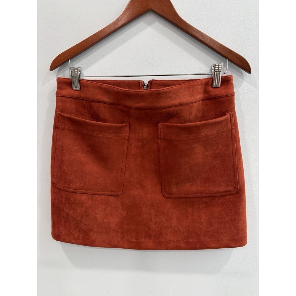 L Love Rust Faux Suede Mini Skirt Medium Zip Back Pocket A-Line Retro Fall
